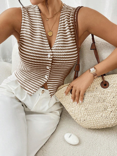 Frenchy V-Neck Striped Sleeveless Tank Top - Feature Description Details Asymmetrical, Button, Button Front Neckline V Neck Style Casual Type Tank Hem Shape Asymmetrical Color Coffee Brown Pattern Type Striped Length Regular Fit Type Slim Fit Fabric High