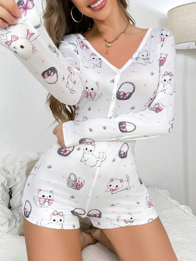 1pc Cute Cat & Bow Print Women Romper Pajamas - Aadima Nepal -online shopping Nepal - Fashion -Buy Clothing Online  in Nepal