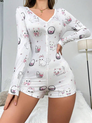 1pc Cute Cat & Bow Print Women Romper Pajamas - Aadima Nepal -online shopping Nepal - Fashion -Buy Clothing Online  in Nepal