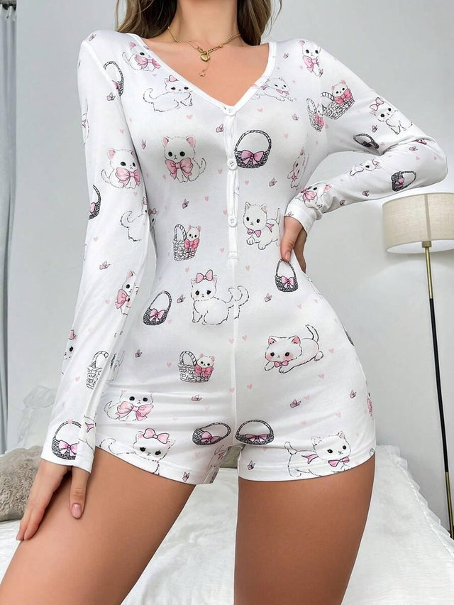1pc Cute Cat & Bow Print Women Romper Pajamas - Aadima Nepal -online shopping Nepal - Fashion -Buy Clothing Online  in Nepal