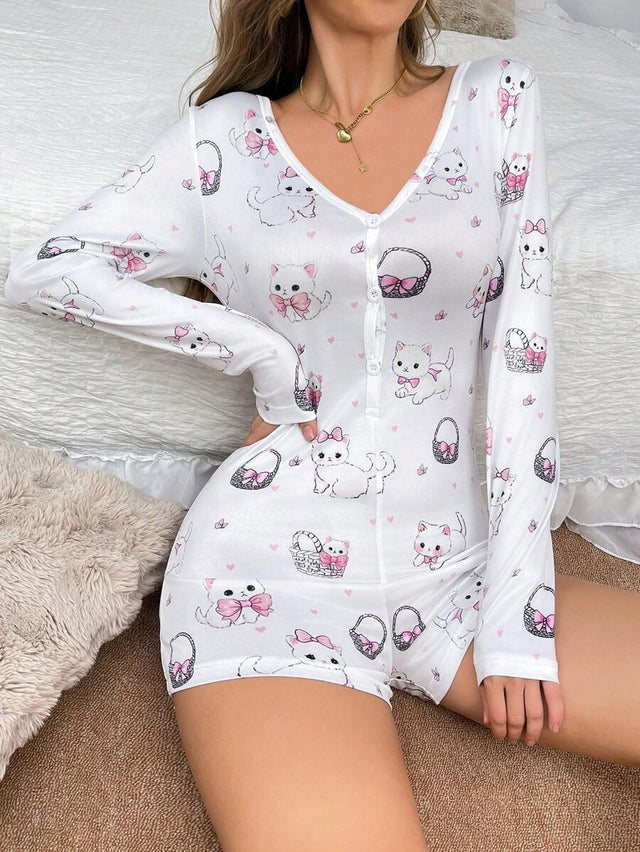 1pc Cute Cat & Bow Print Women Romper Pajamas - Aadima Nepal -online shopping Nepal - Fashion -Buy Clothing Online  in Nepal