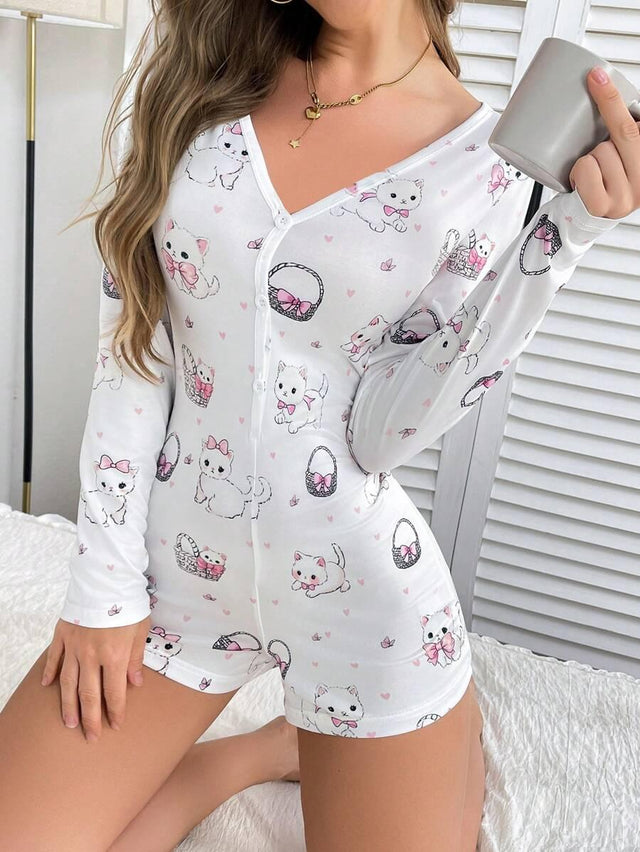 1pc Cute Cat & Bow Print Women Romper Pajamas - Aadima Nepal -online shopping Nepal - Fashion -Buy Clothing Online  in Nepal