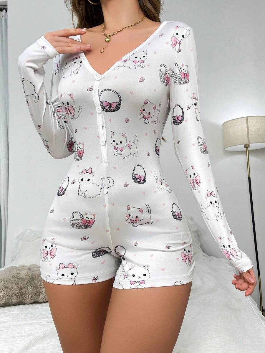 1pc Cute Cat & Bow Print Women Romper Pajamas - Aadima Nepal -online shopping Nepal - Fashion -Buy Clothing Online  in Nepal