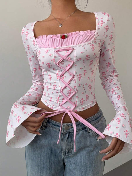 Women's Floral Flare Sleeve Criss-Cross Tie T-Shirt - Aadima Nepal -online shopping Nepal - Fashion -Buy Clothing Online  in Nepal