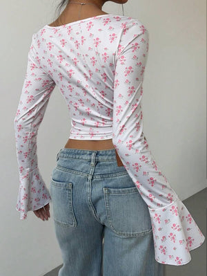 Women's Floral Flare Sleeve Criss-Cross Tie T-Shirt - Aadima Nepal -online shopping Nepal - Fashion -Buy Clothing Online  in Nepal