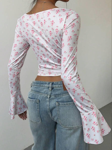 Women's Floral Flare Sleeve Criss-Cross Tie T-Shirt - Aadima Nepal -online shopping Nepal - Fashion -Buy Clothing Online  in Nepal