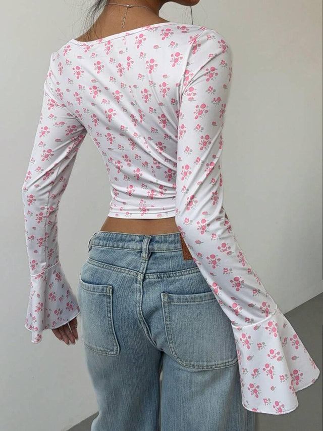 Women's Floral Flare Sleeve Criss-Cross Tie T-Shirt - Aadima Nepal -online shopping Nepal - Fashion -Buy Clothing Online  in Nepal