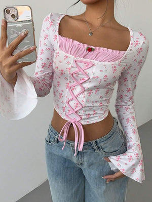 Women's Floral Flare Sleeve Criss-Cross Tie T-Shirt - Aadima Nepal -online shopping Nepal - Fashion -Buy Clothing Online  in Nepal