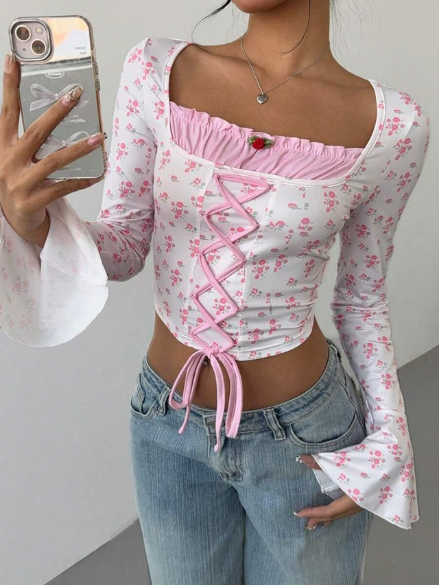 Women's Floral Flare Sleeve Criss-Cross Tie T-Shirt - Aadima Nepal -online shopping Nepal - Fashion -Buy Clothing Online  in Nepal