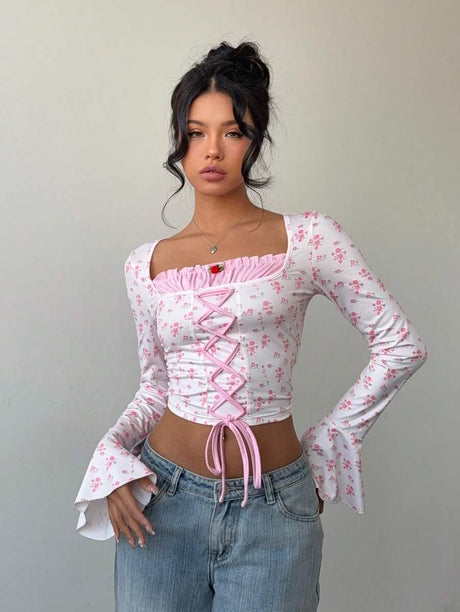 Women's Floral Flare Sleeve Criss-Cross Tie T-Shirt - Aadima Nepal -online shopping Nepal - Fashion -Buy Clothing Online  in Nepal