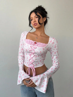 Women's Floral Flare Sleeve Criss-Cross Tie T-Shirt - Aadima Nepal -online shopping Nepal - Fashion -Buy Clothing Online  in Nepal
