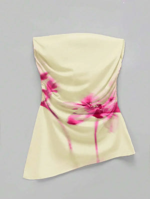 Floral Print Ruched Asymmetric bandeu Top - Aadima Nepal -online shopping Nepal - Fashion -Buy Clothing Online  in Nepal