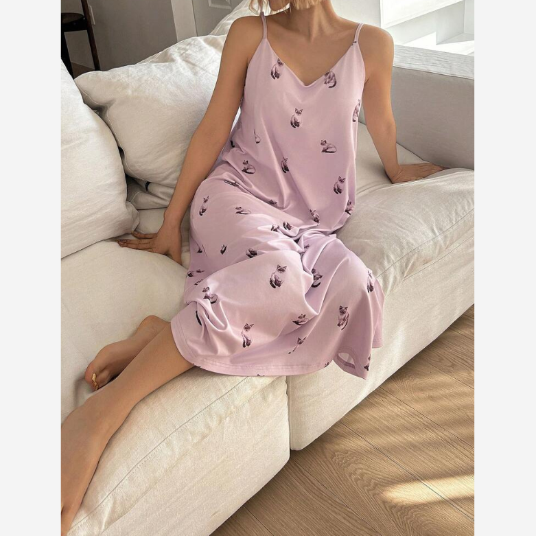 Buy DAZY Cute Cat Pattern All-Over Print Women Slip Nightgown Online in Nepal - Online Shopping Nepal - Online Clothing Shop Nepal
