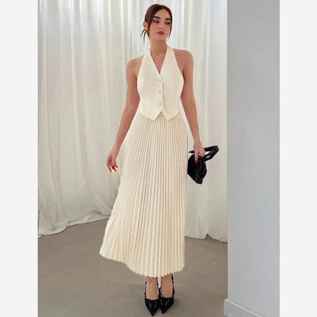 Buy Aloruh 2pcs Set Halter Neck Single Breasted Vest And Pleated Skirt Online in Nepal - Online Shopping Nepal - Online Clothing Shop Nepal