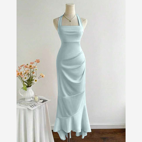 Buy Elamini Solid Color Ruched Fishtail Hem Elegant Halter Neck Dress Online in Nepal - Online Shopping Nepal - Online Clothing Shop Nepal