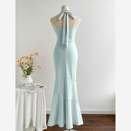 Buy Elamini Solid Color Ruched Fishtail Hem Elegant Halter Neck Dress Online in Nepal - Online Shopping Nepal - Online Clothing Shop Nepal