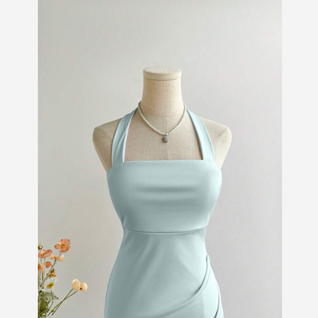 Buy Elamini Solid Color Ruched Fishtail Hem Elegant Halter Neck Dress Online in Nepal - Online Shopping Nepal - Online Clothing Shop Nepal