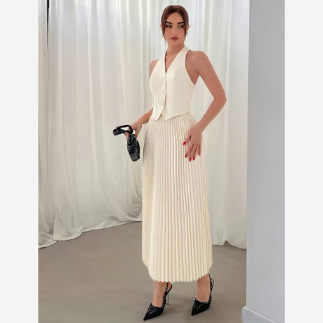 Buy Aloruh 2pcs Set Halter Neck Single Breasted Vest And Pleated Skirt Online in Nepal - Online Shopping Nepal - Online Clothing Shop Nepal