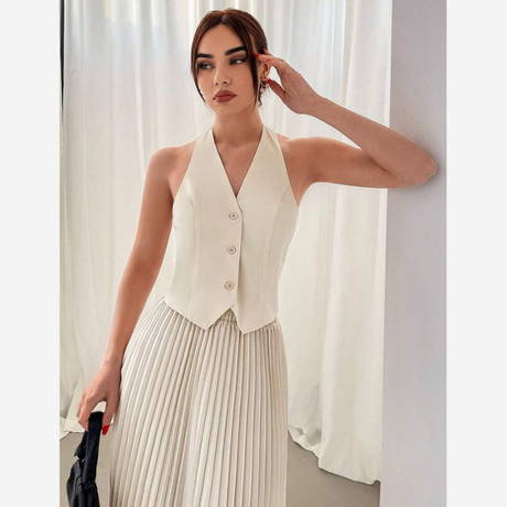 Buy Aloruh 2pcs Set Halter Neck Single Breasted Vest And Pleated Skirt Online in Nepal - Online Shopping Nepal - Online Clothing Shop Nepal