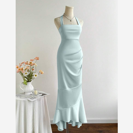 Buy Elamini Solid Color Ruched Fishtail Hem Elegant Halter Neck Dress Online in Nepal - Online Shopping Nepal - Online Clothing Shop Nepal