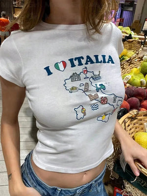 I Love Italy Letter Print Tight Crop T-Shirt - Aadima Nepal -online shopping Nepal - Fashion -Buy Clothing Online  in Nepal