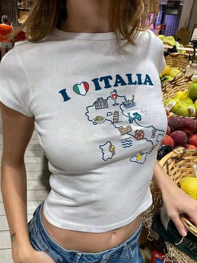 I Love Italy Letter Print Tight Crop T-Shirt - Aadima Nepal -online shopping Nepal - Fashion -Buy Clothing Online  in Nepal