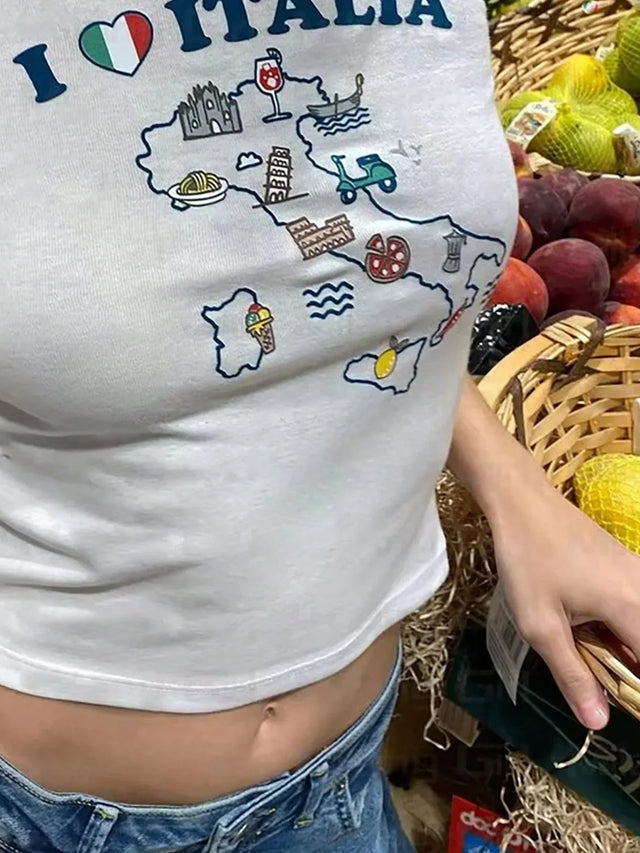 I Love Italy Letter Print Tight Crop T-Shirt - Aadima Nepal -online shopping Nepal - Fashion -Buy Clothing Online  in Nepal
