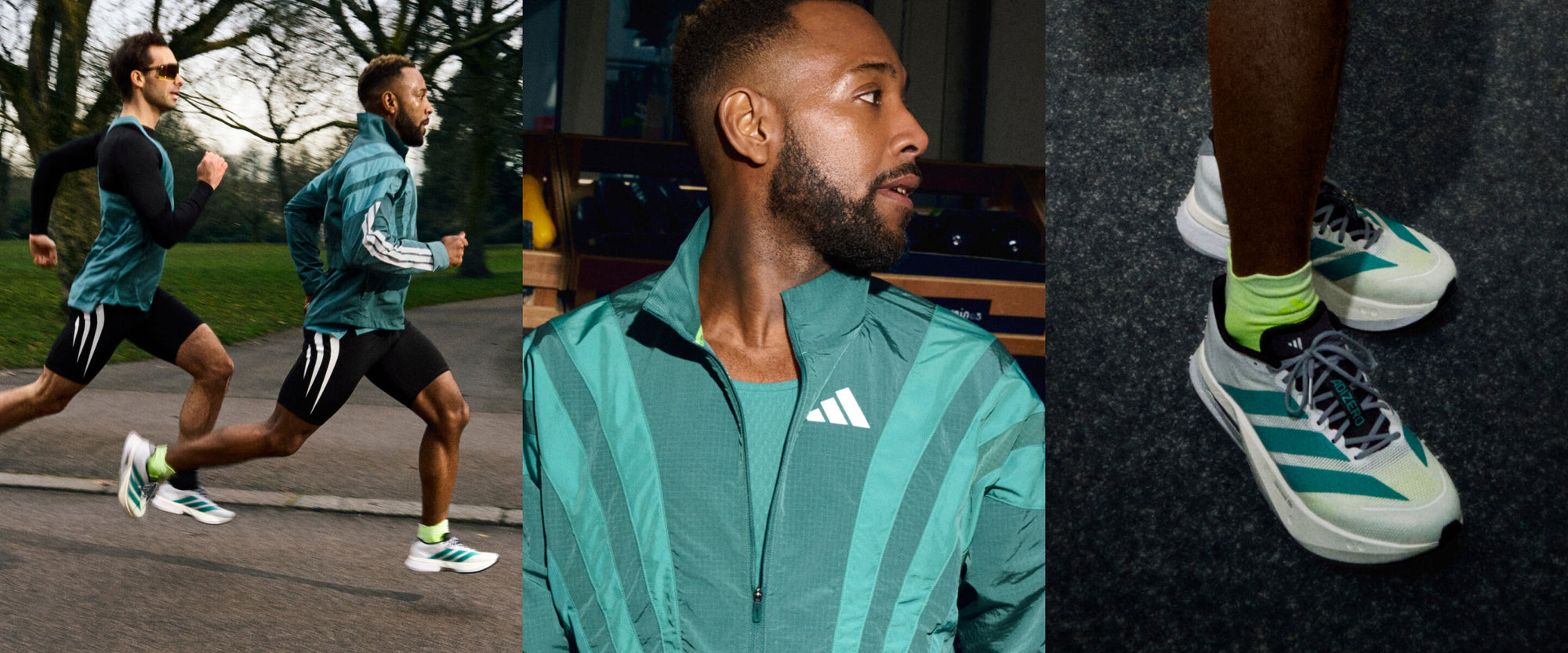 Man running outdoors wearing a green athletic jacket and shoes.