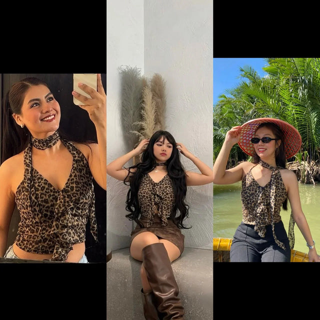 Leopard & Ruffle Backless Halter Top With Tie Neck - Aadima Nepal -online shopping Nepal - Fashion -Buy Clothing Online  in Nepal